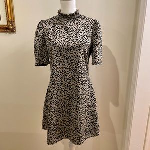 Cheeta print puff sleeve high neck fit & flare dress